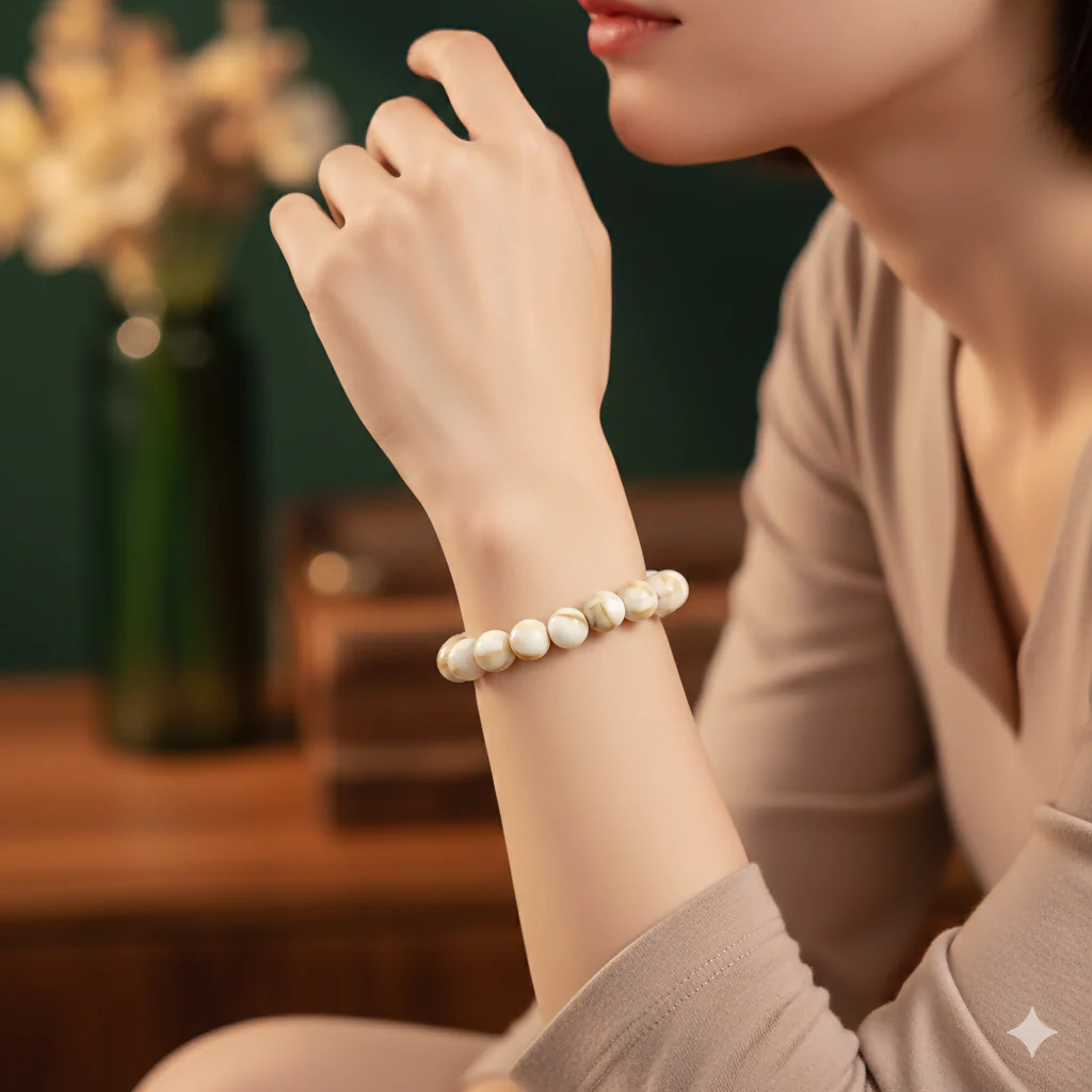 Marble Finish Beaded Elastic Bracelet – Elegant White & Beige Design - Image 2