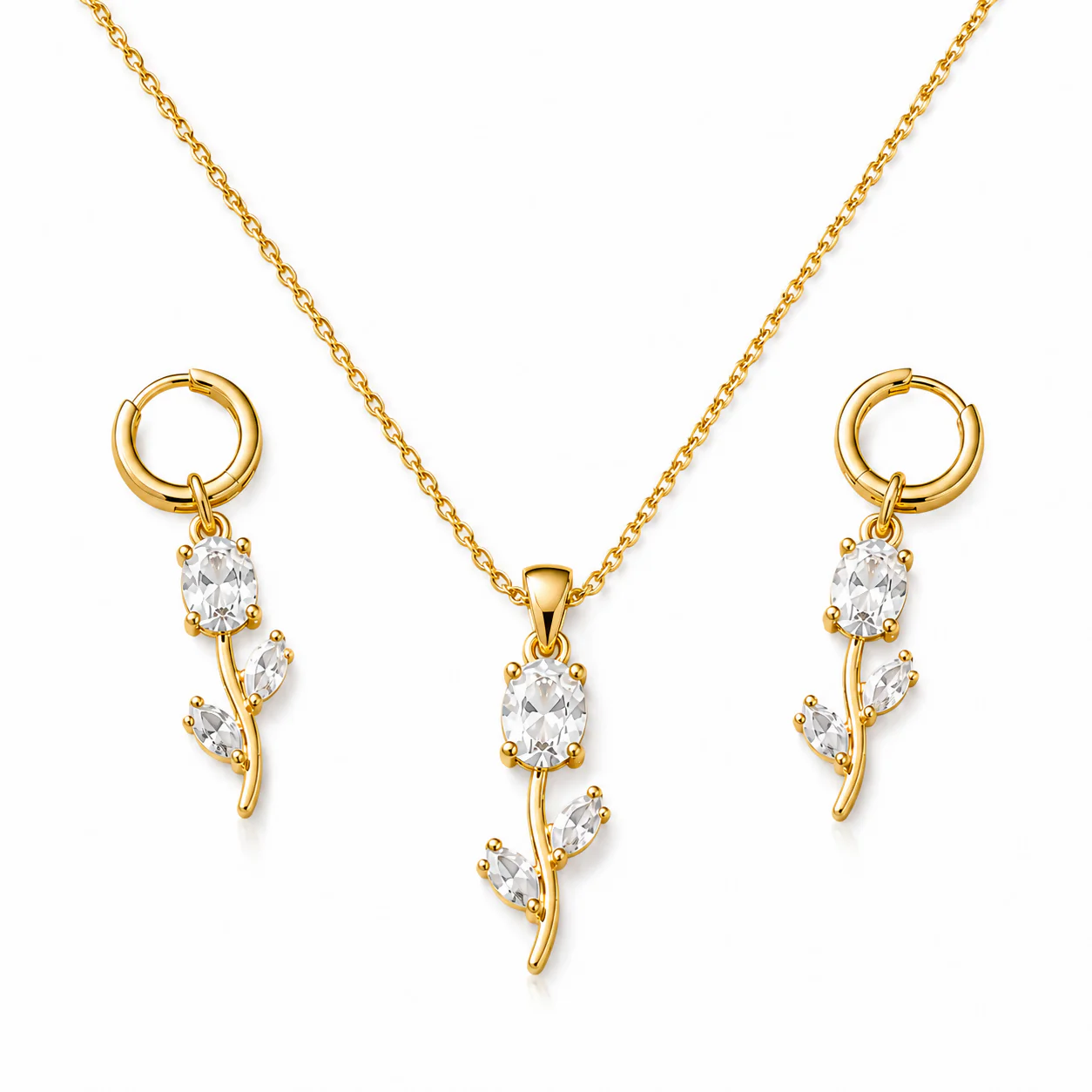 White Crystal Necklace Set – Elegant Floral Pendant Earrings - Image 3