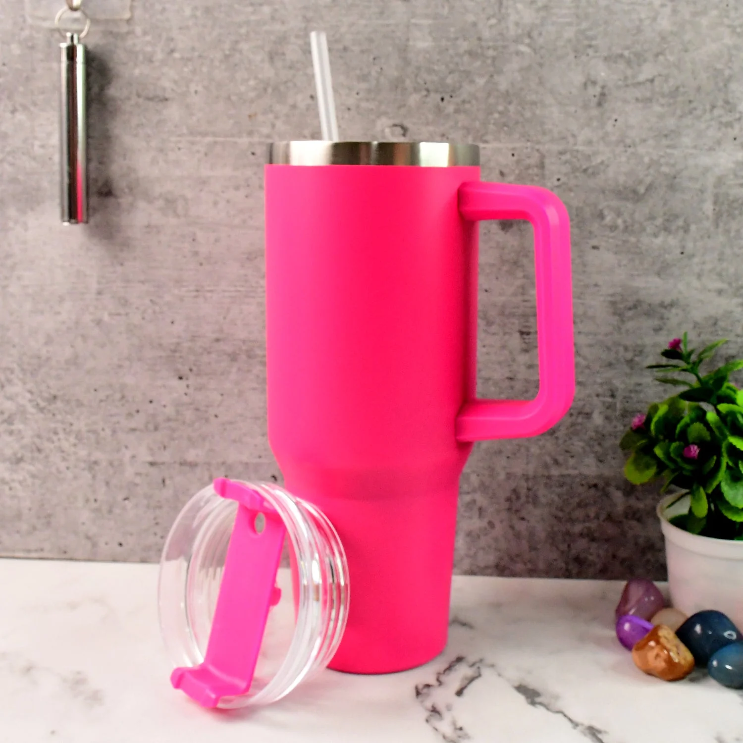 Insulated Travel Mug – Large 1200ML Pink Flask with Handle - Image 6