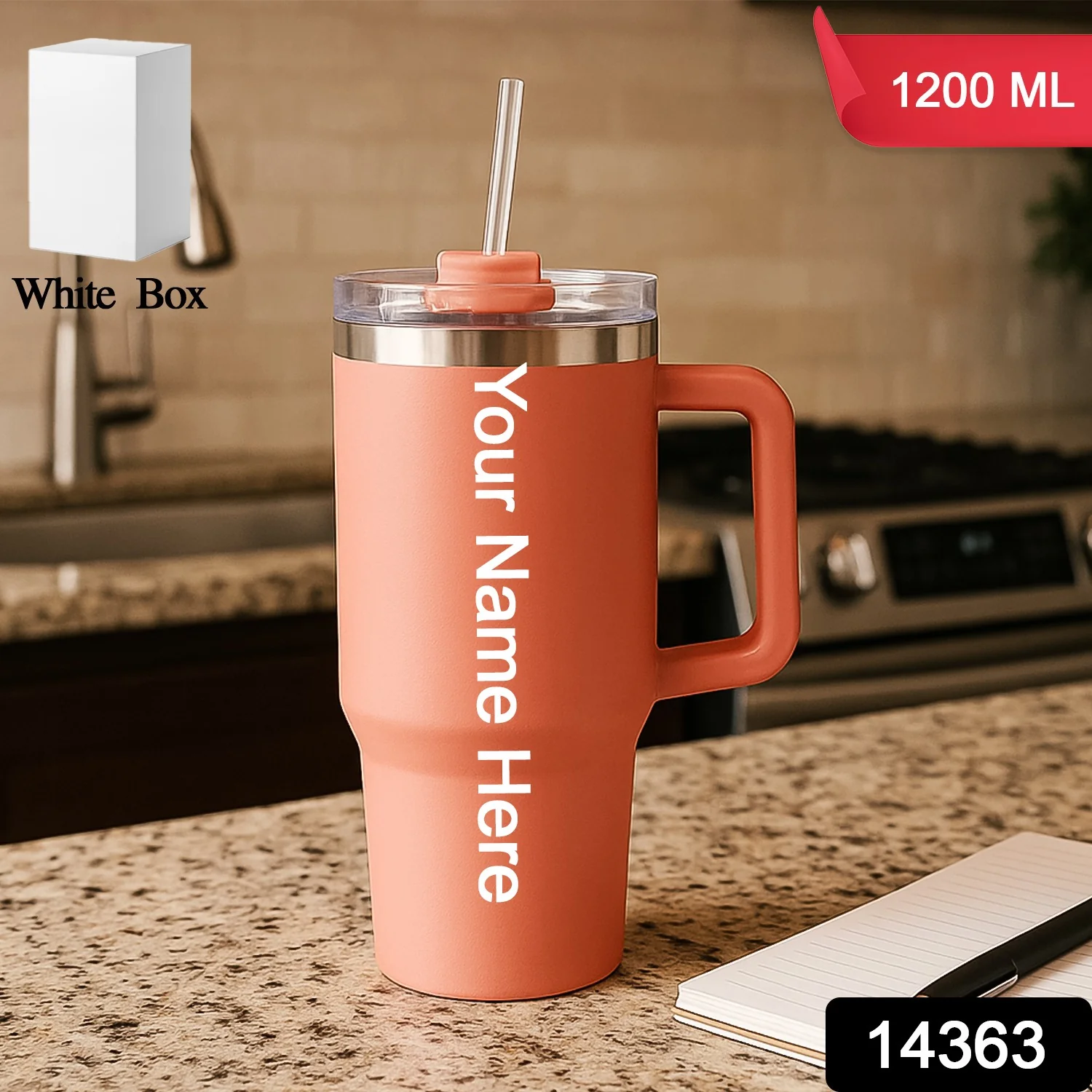 Insulated Travel Mug – 1200ML Peach Large Tumbler with Handle - Image 2