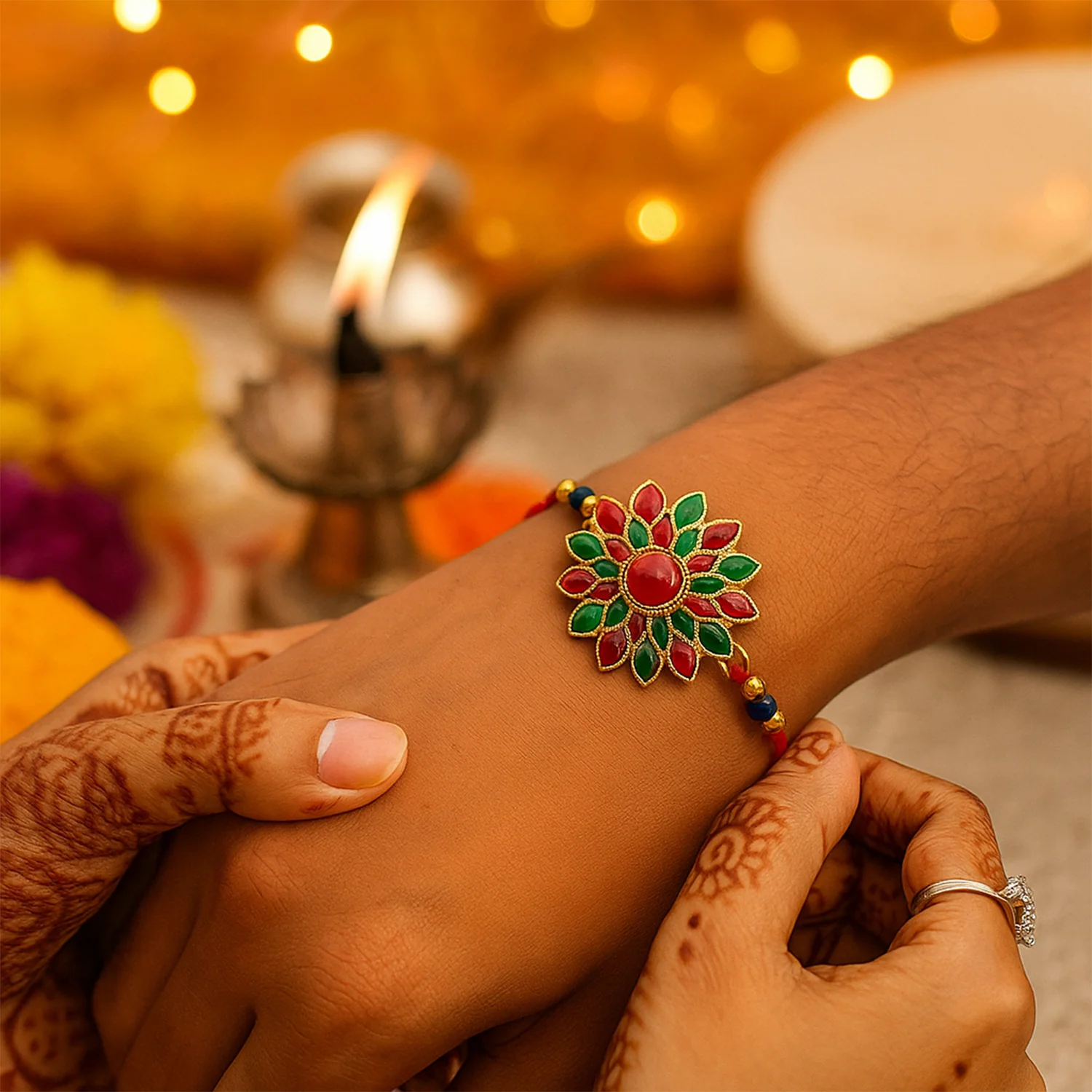 Red & Green Stone Flower Rakhi – Traditional & Elegant Gift - Image 3