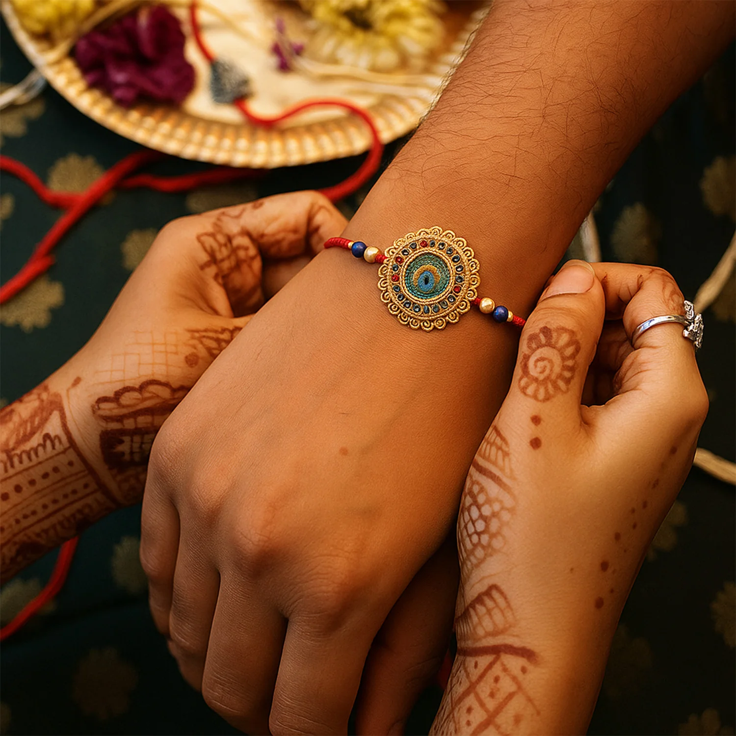 Traditional Flower Design Golden Rakhi – Festive Elegance & Blessings - Image 4