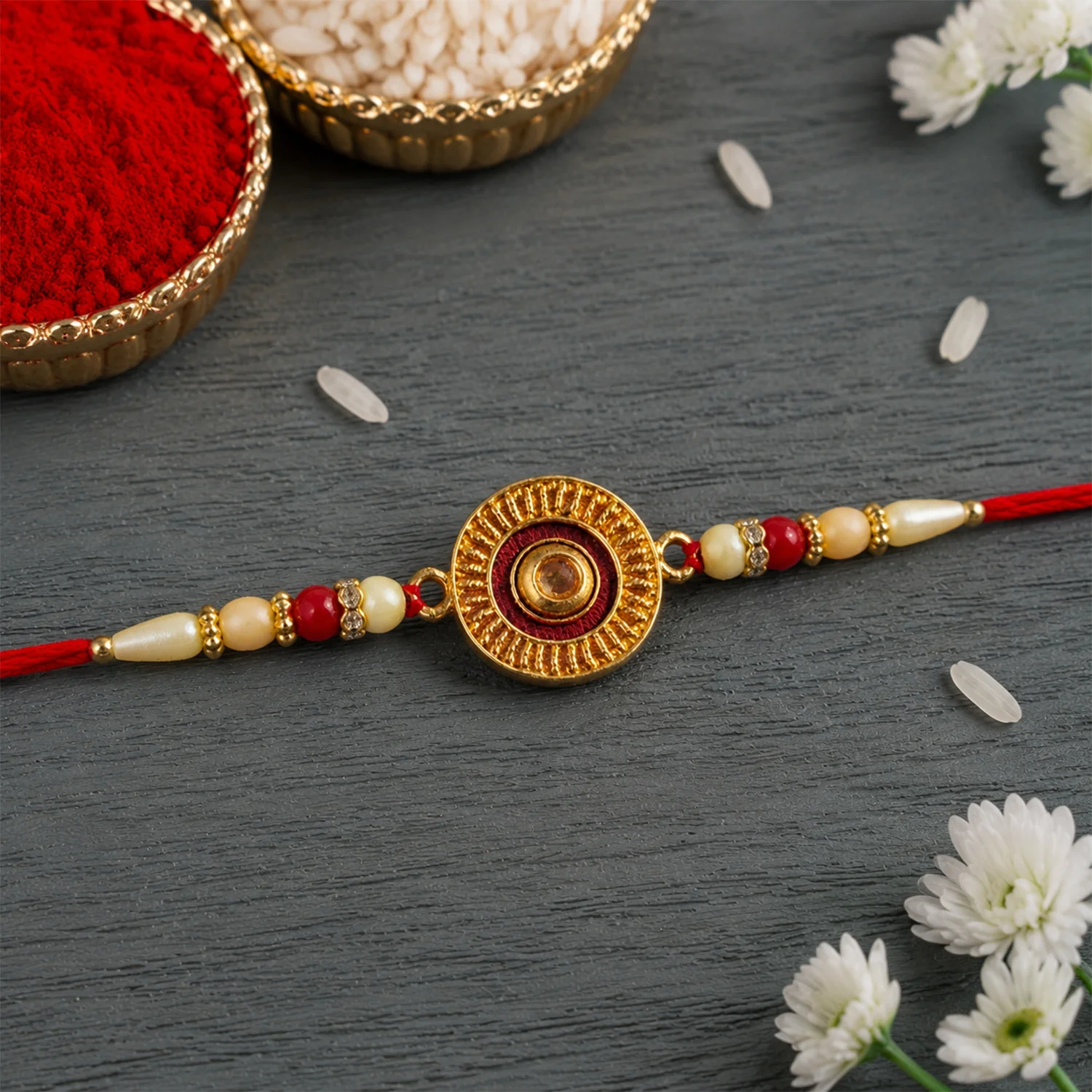 Traditional Round Rakhi with Pearl Beads for Rakshabandhan - Elegant and Festive - Image 2