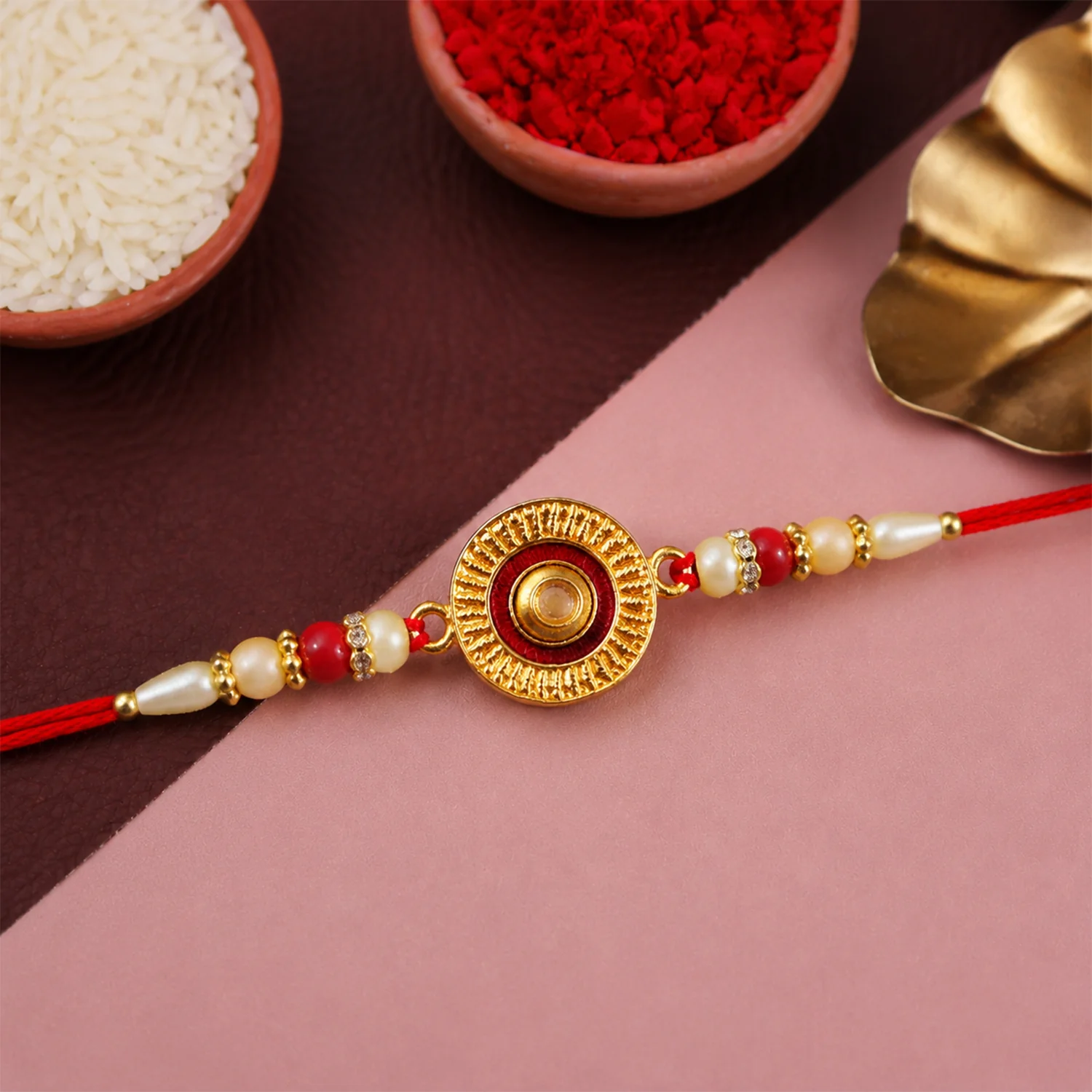 Traditional Round Rakhi with Pearl Beads for Rakshabandhan - Elegant and Festive - Image 3