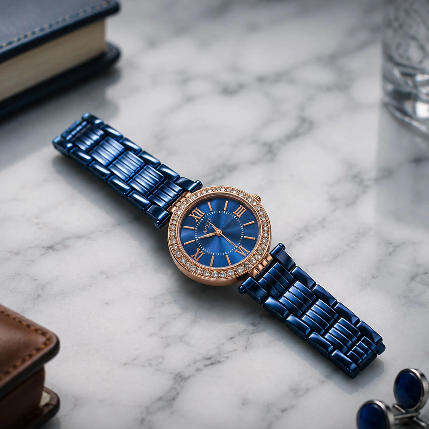 Women's Blue Analog Watch – Rose Gold Crystal Bezel Metal Strap - Image 2