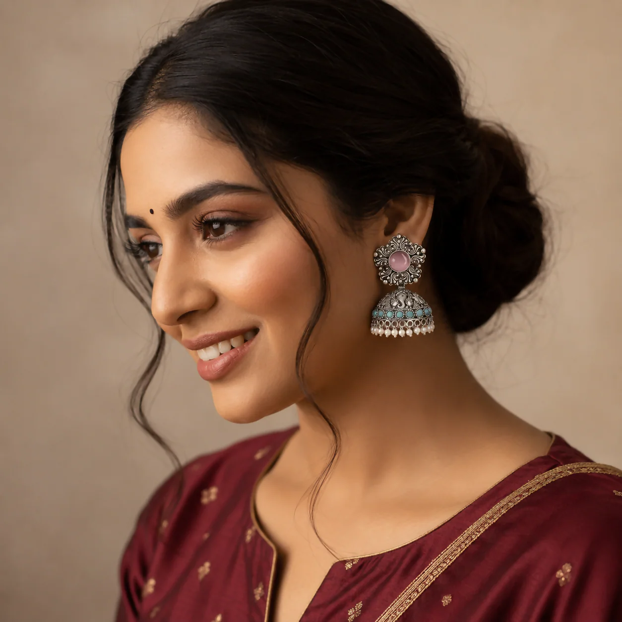 Women's Oxidized Silver Jhumka Earrings – Traditional & Elegant Design - Image 2
