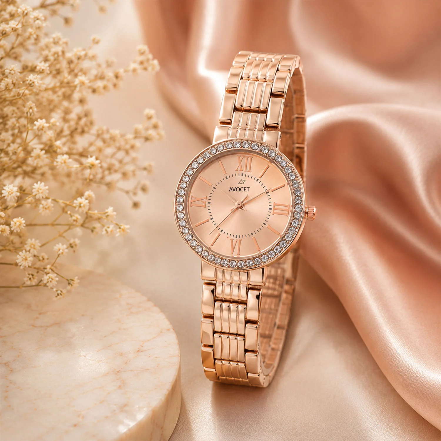 Women's Rose Gold Analog Wrist Watch with Crystal Bezel - Image 2