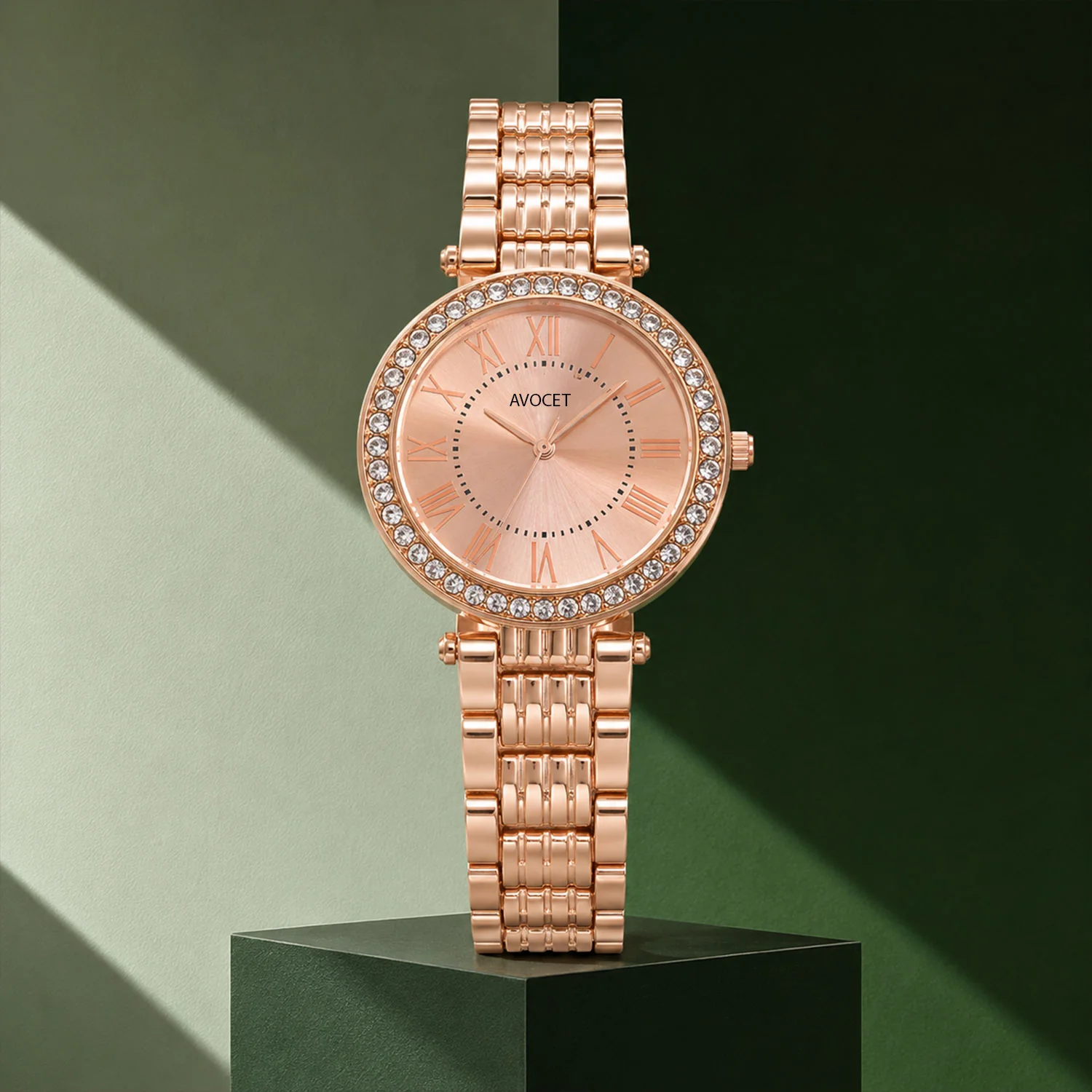 Women's Rose Gold Analog Wrist Watch with Crystal Bezel - Image 4