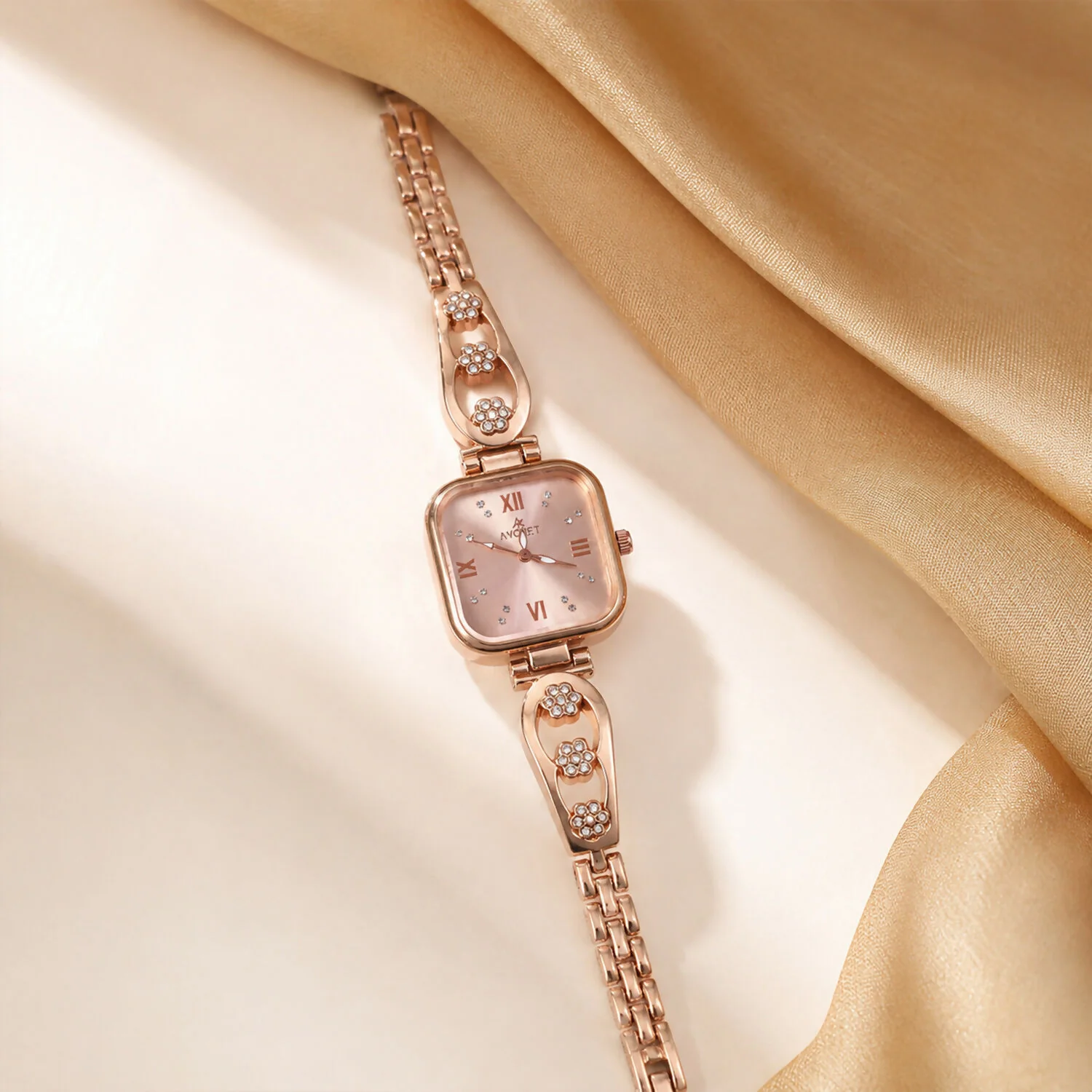Women's Rose Gold Watch – Square Dial Floral Bracelet - Image 2