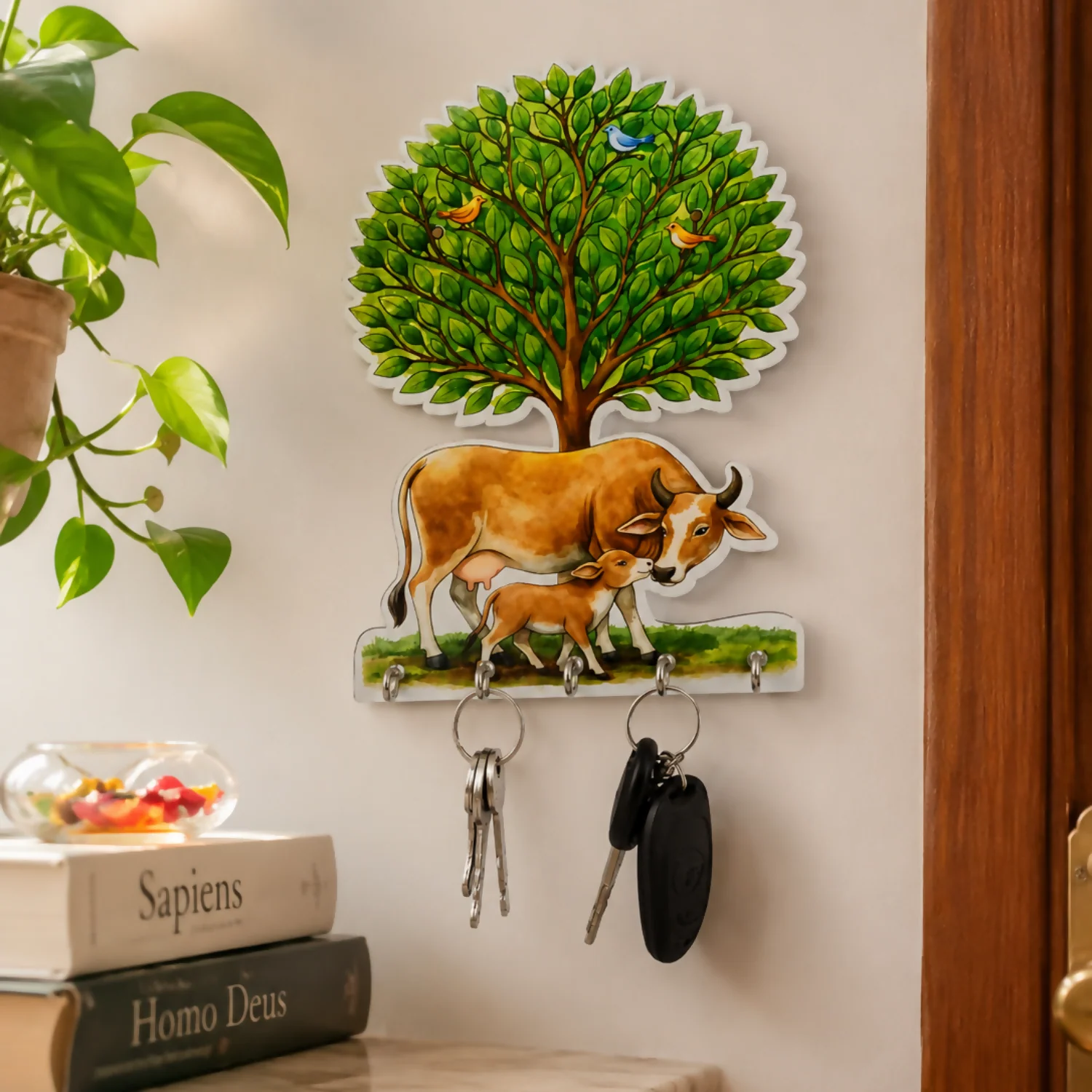Wooden Cow Tree Key Holder – Stylish Wall Mount Organizer