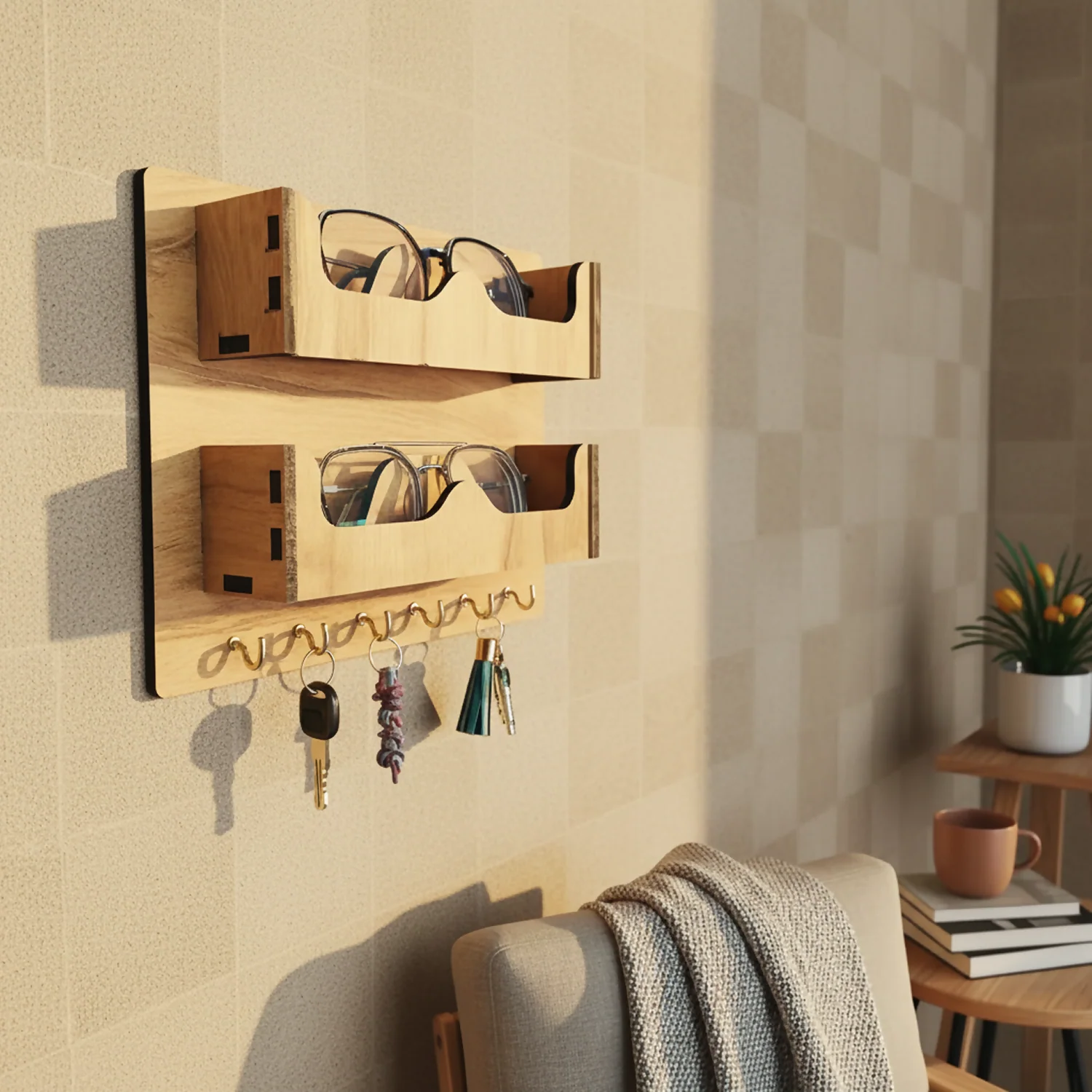 Wooden Sunglasses and Key Holder – Dual Slot Wall Organizer