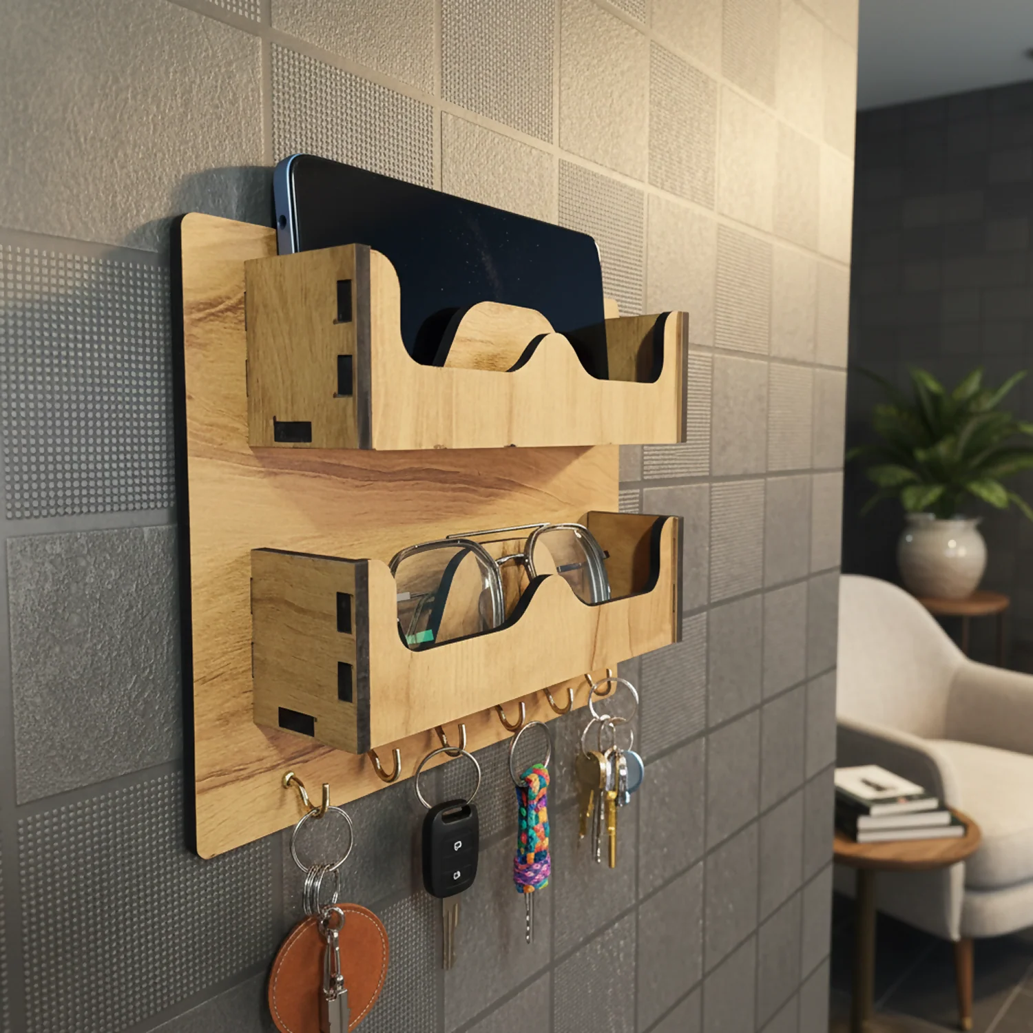 Wooden Sunglasses and Key Holder – Dual Slot Wall Organizer - Image 2