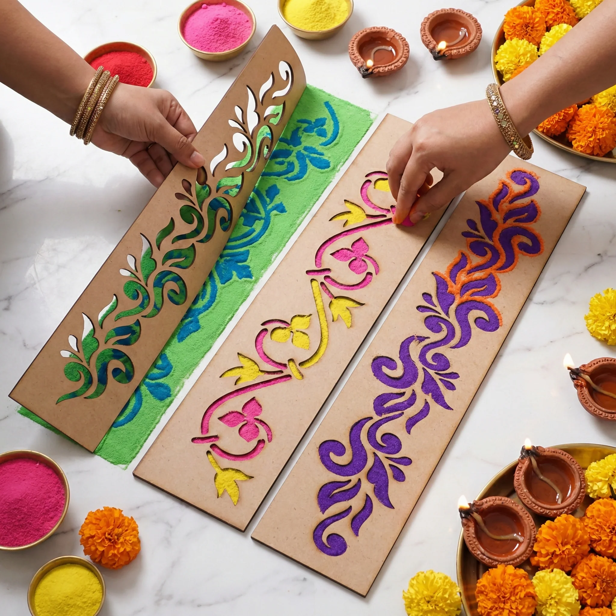 Rangoli Border Stencils – Set of 3 Traditional Wooden Designs - Image 3