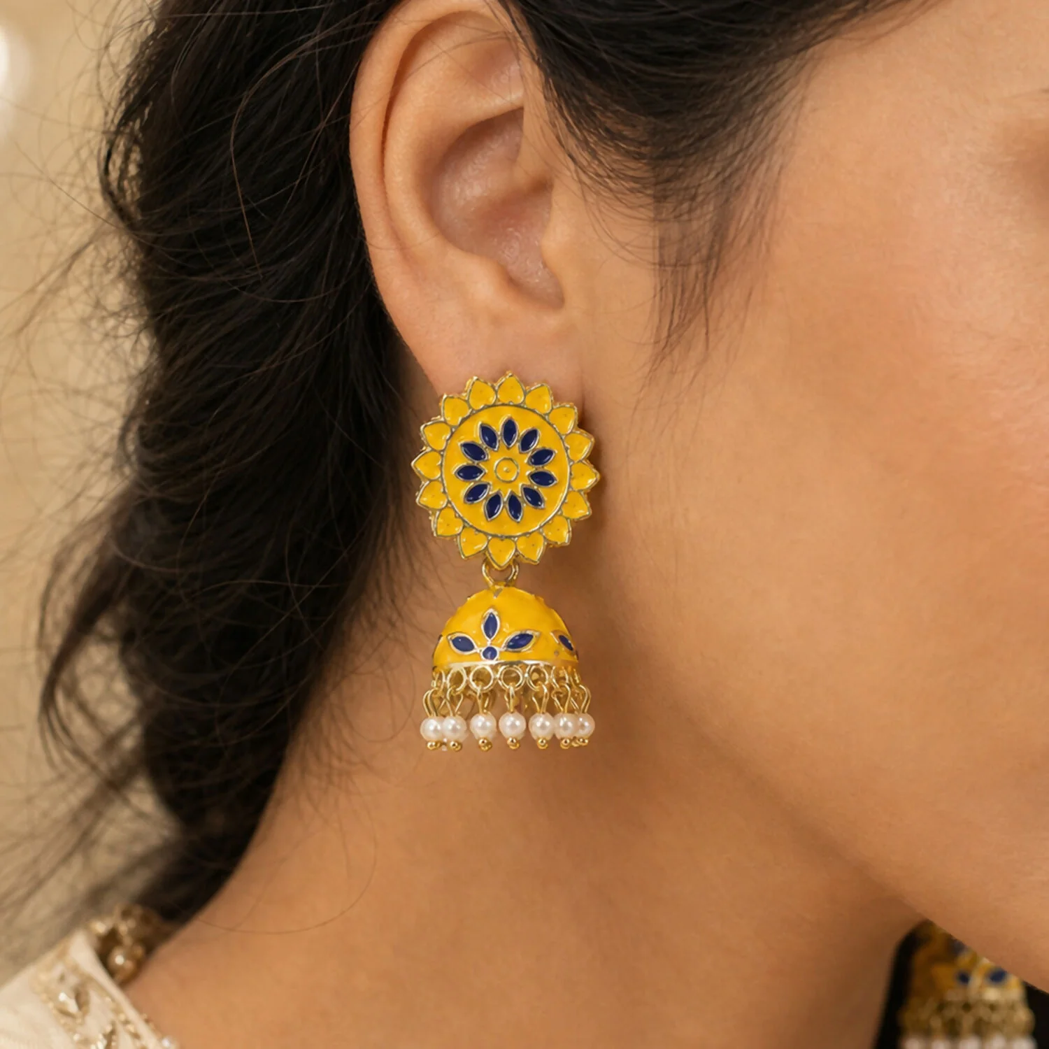 Floral Enamel Jhumka Earrings – Vibrant Traditional Design for Festive Looks - Image 4